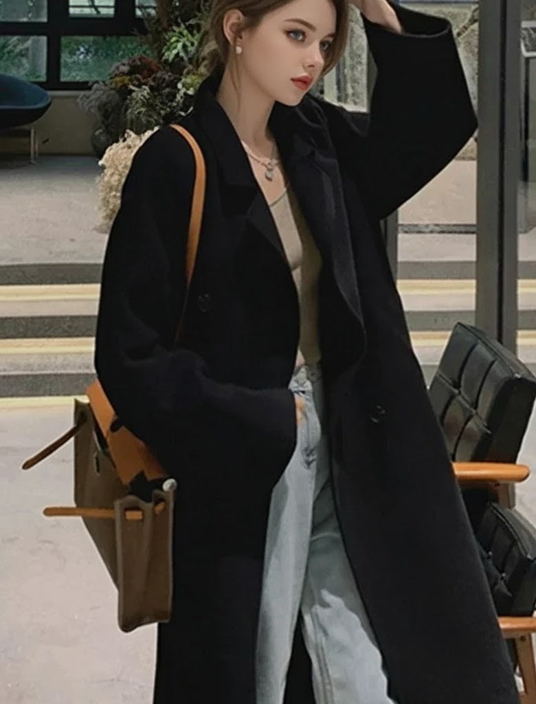 Autumn Winter Elegant Woolen Coat for Women – Korean Style Mid-Long Jacket, Daily Chic Thermal