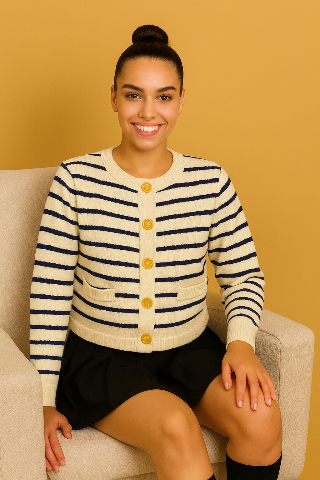 Women’s Striped Knit Cardigan – Spring Autumn Cropped Sweater, O-Neck, Single-Breasted Long Sleeve Top, Casual Chic Style