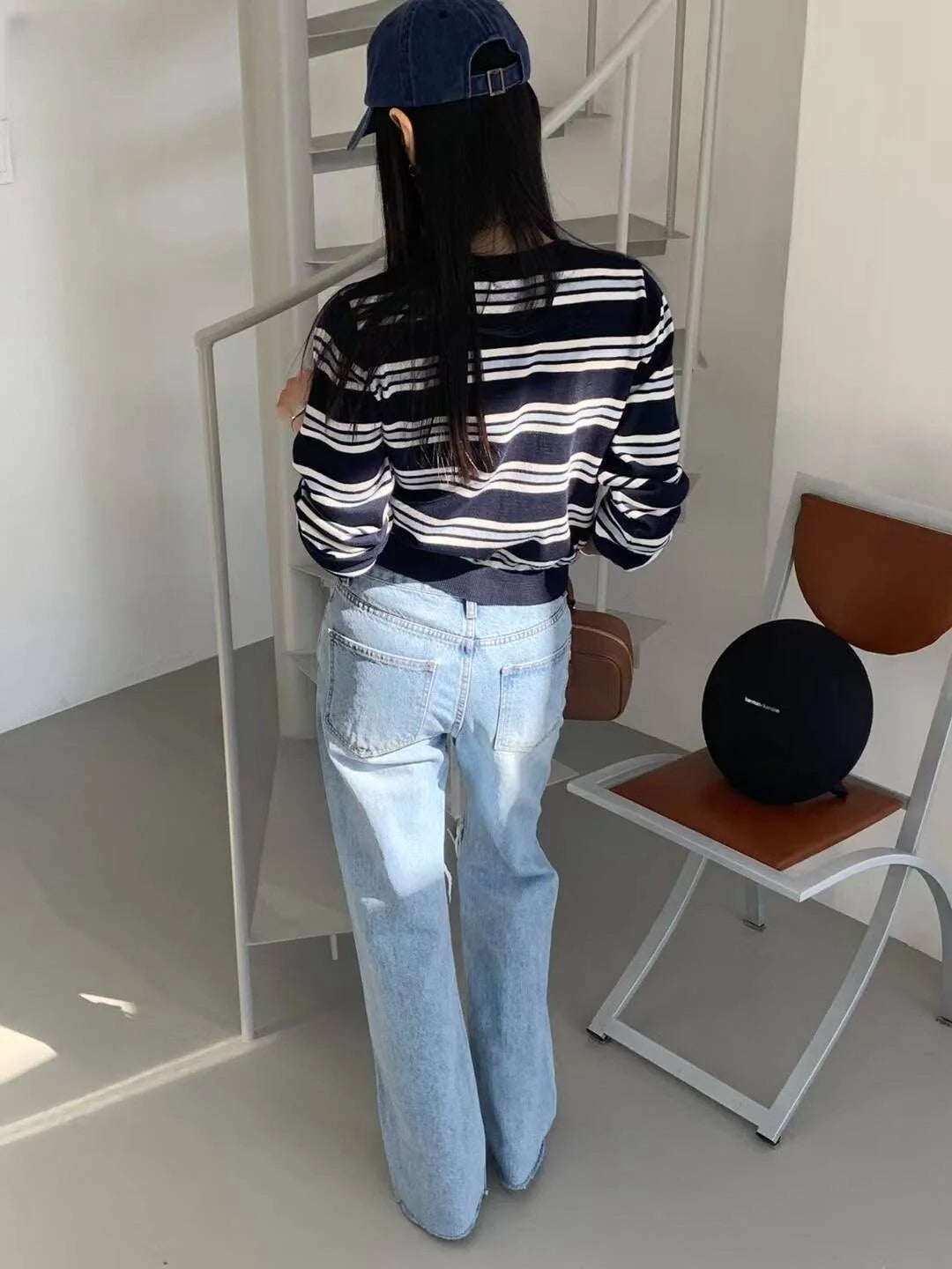 Chic Spring Classic Striped Round Neck Button-Up Knitted Open Cardigan