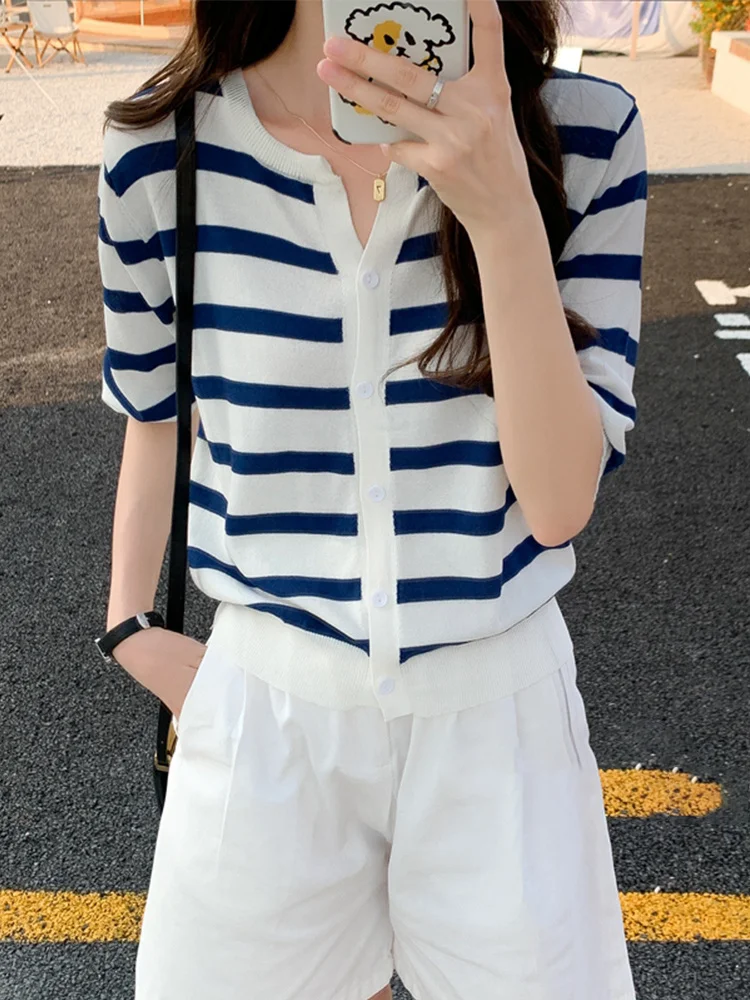 Striped Cotton V-Neck Cardigan