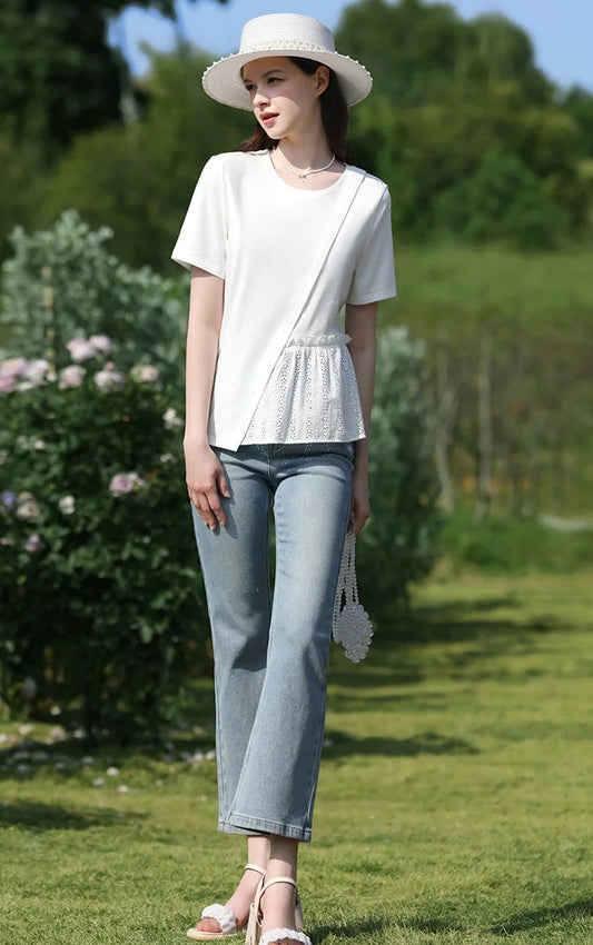 Spliced Hollow-Out Pleated Tee