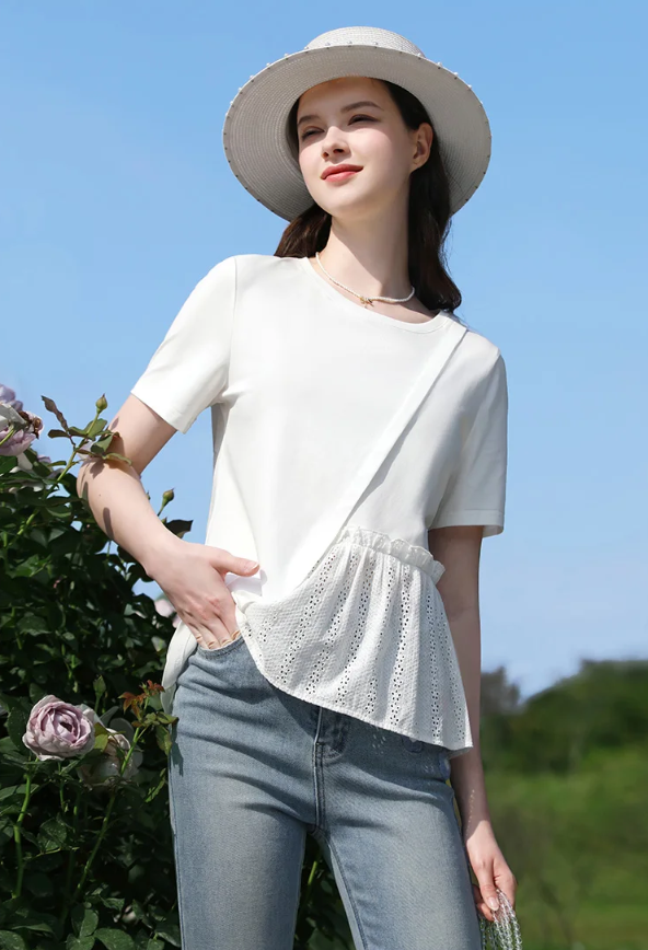 Spliced Hollow-Out Pleated Tee