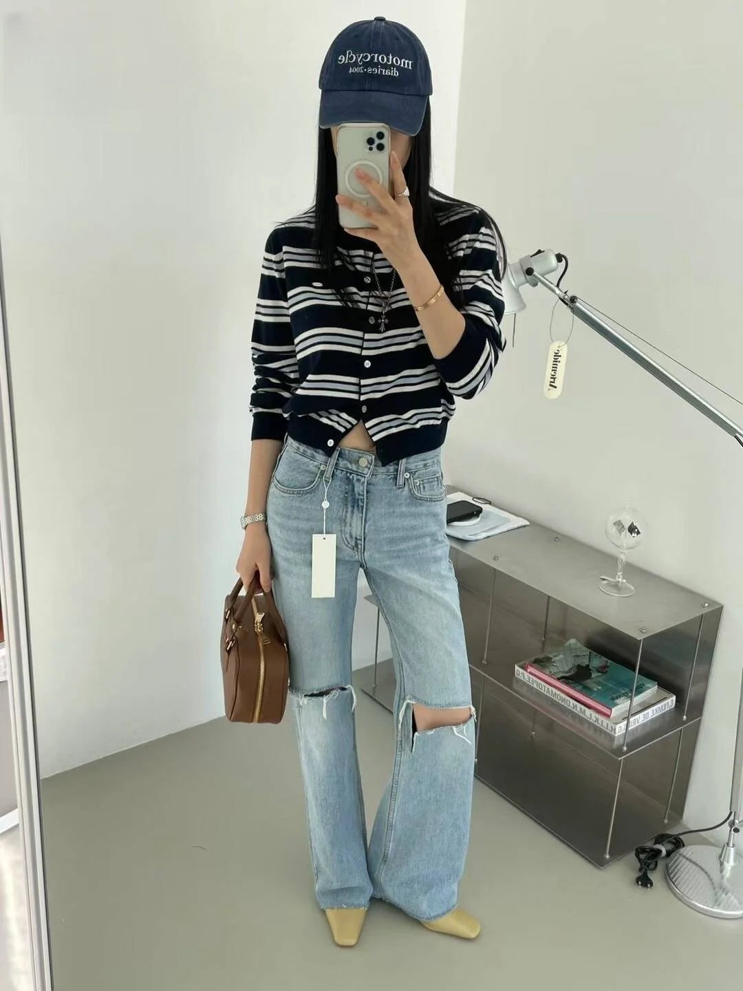 Chic Spring Classic Striped Round Neck Button-Up Knitted Open Cardigan