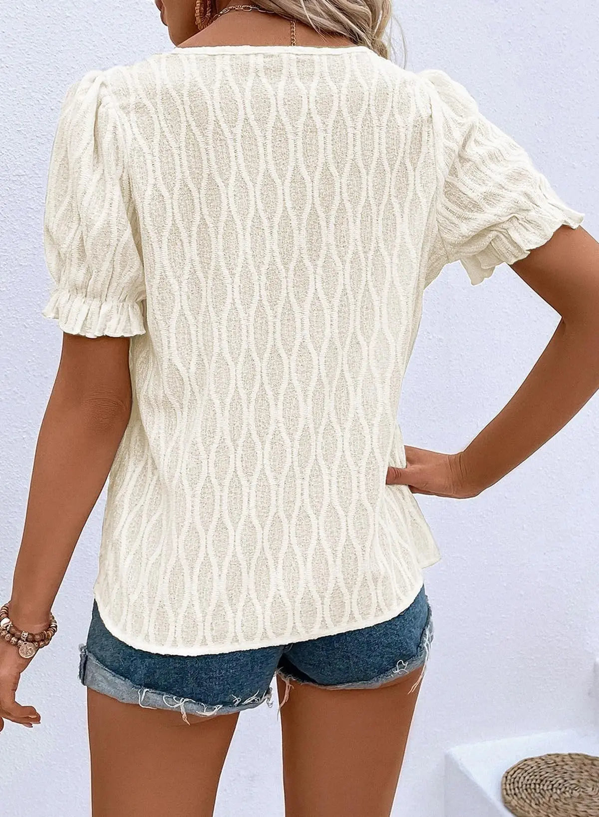 Women’s Casual Jacquard Bubble Sleeve Top