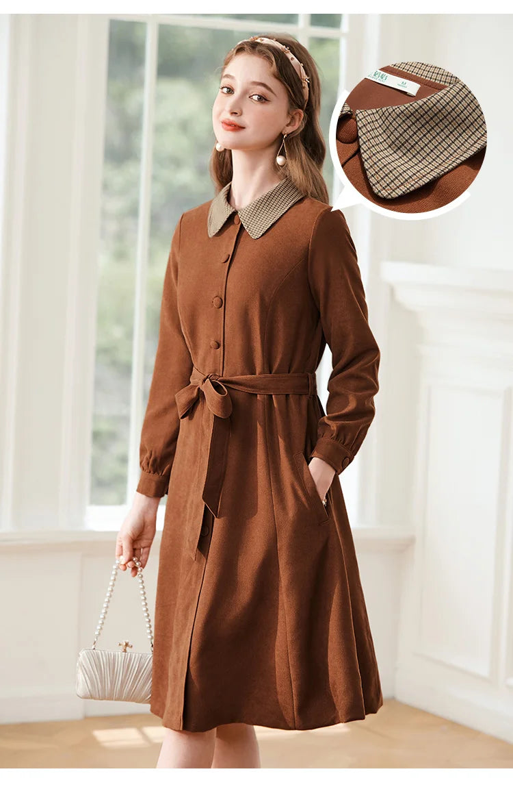 French Contrast Stitching Lapel Dress
