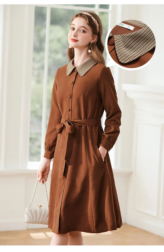 French Contrast Stitching Lapel Dress