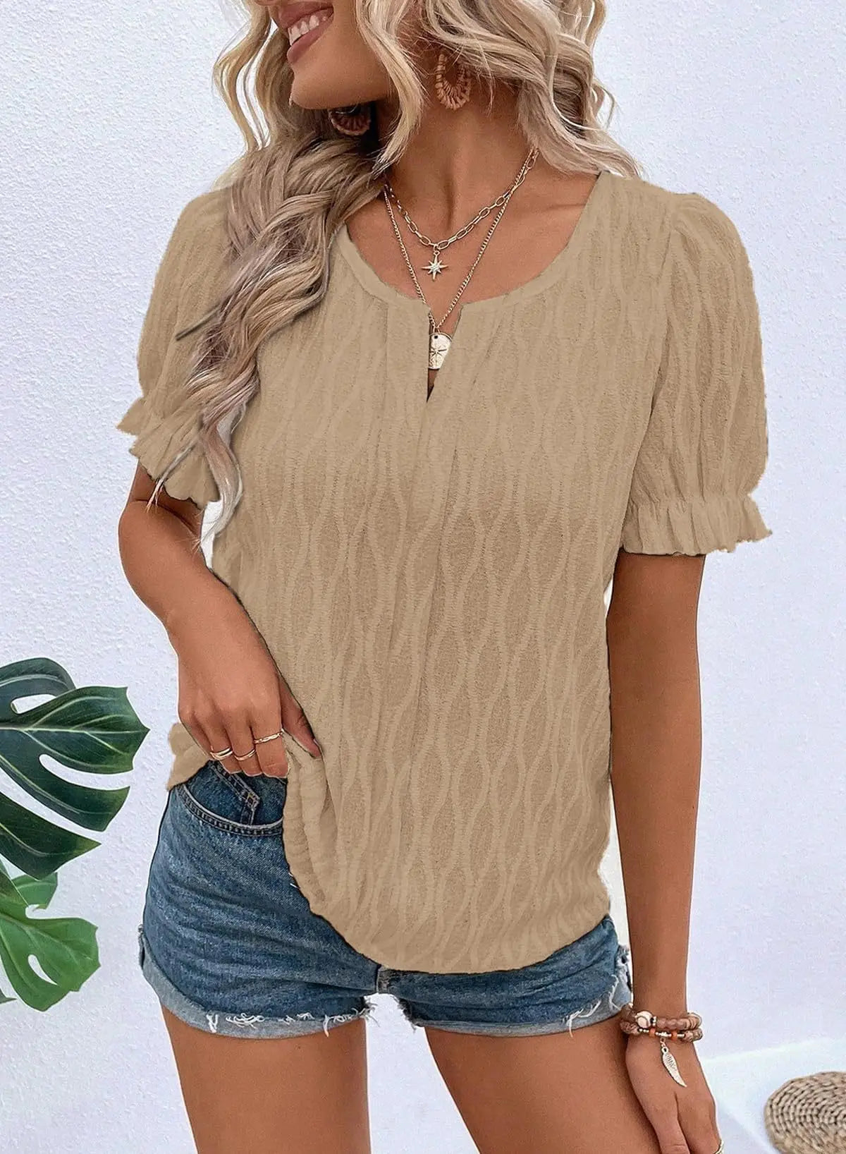 Women’s Casual Jacquard Bubble Sleeve Top