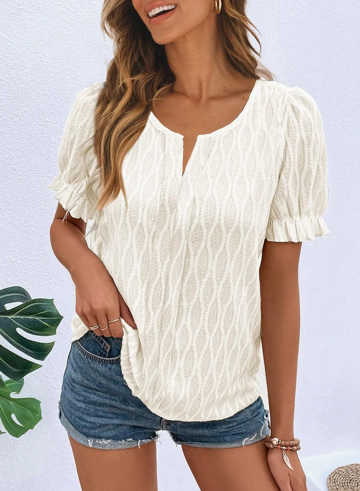 Women’s Casual Jacquard Bubble Sleeve Top