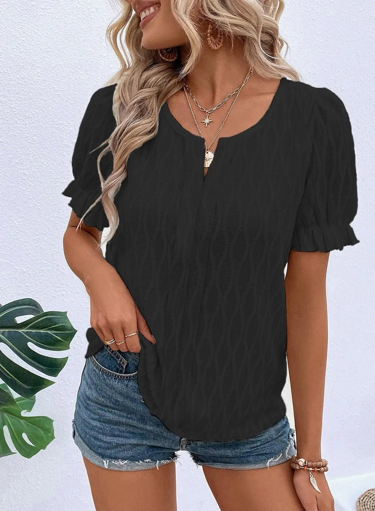Women’s Casual Jacquard Bubble Sleeve Top