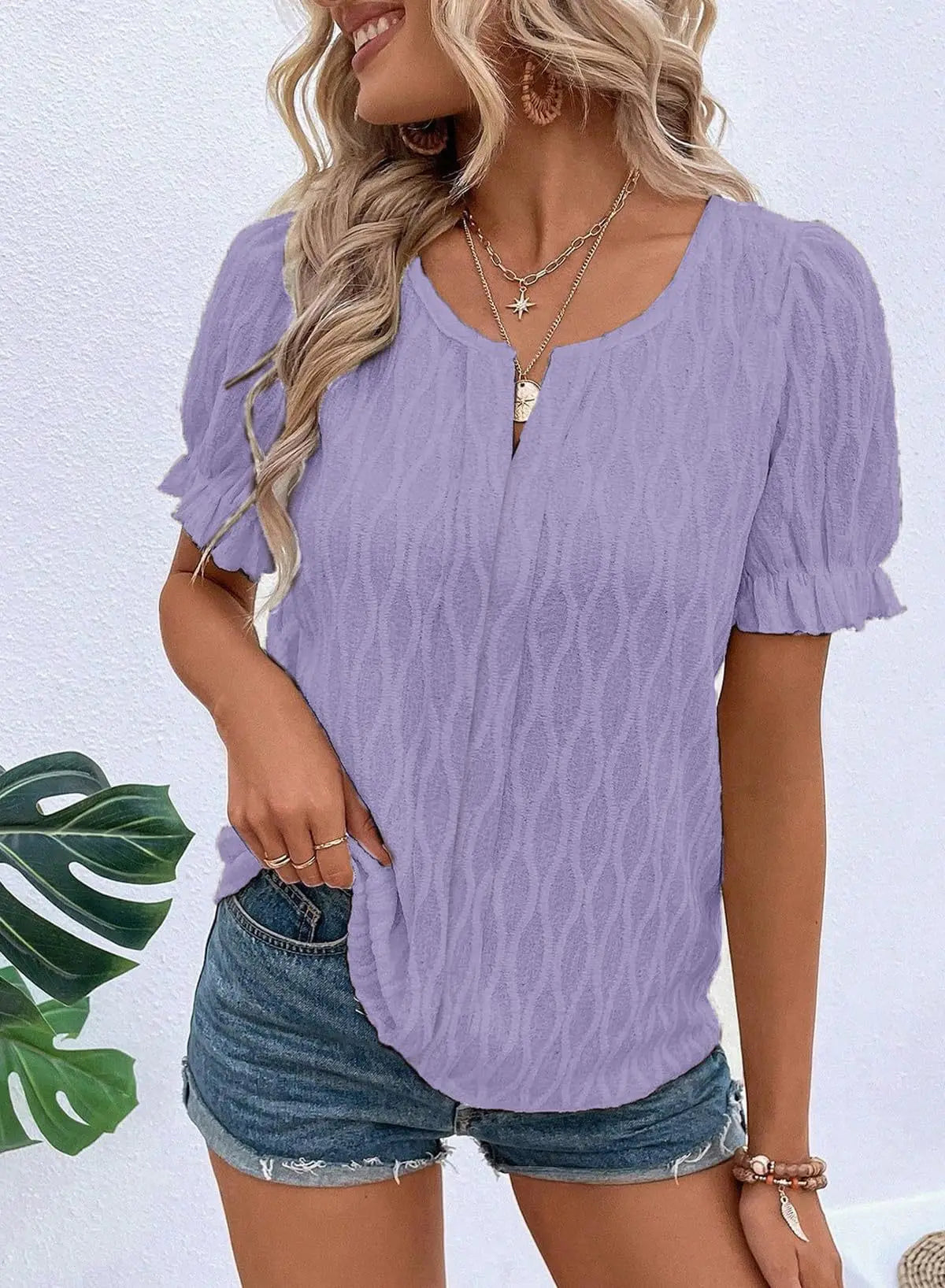 Women’s Casual Jacquard Bubble Sleeve Top