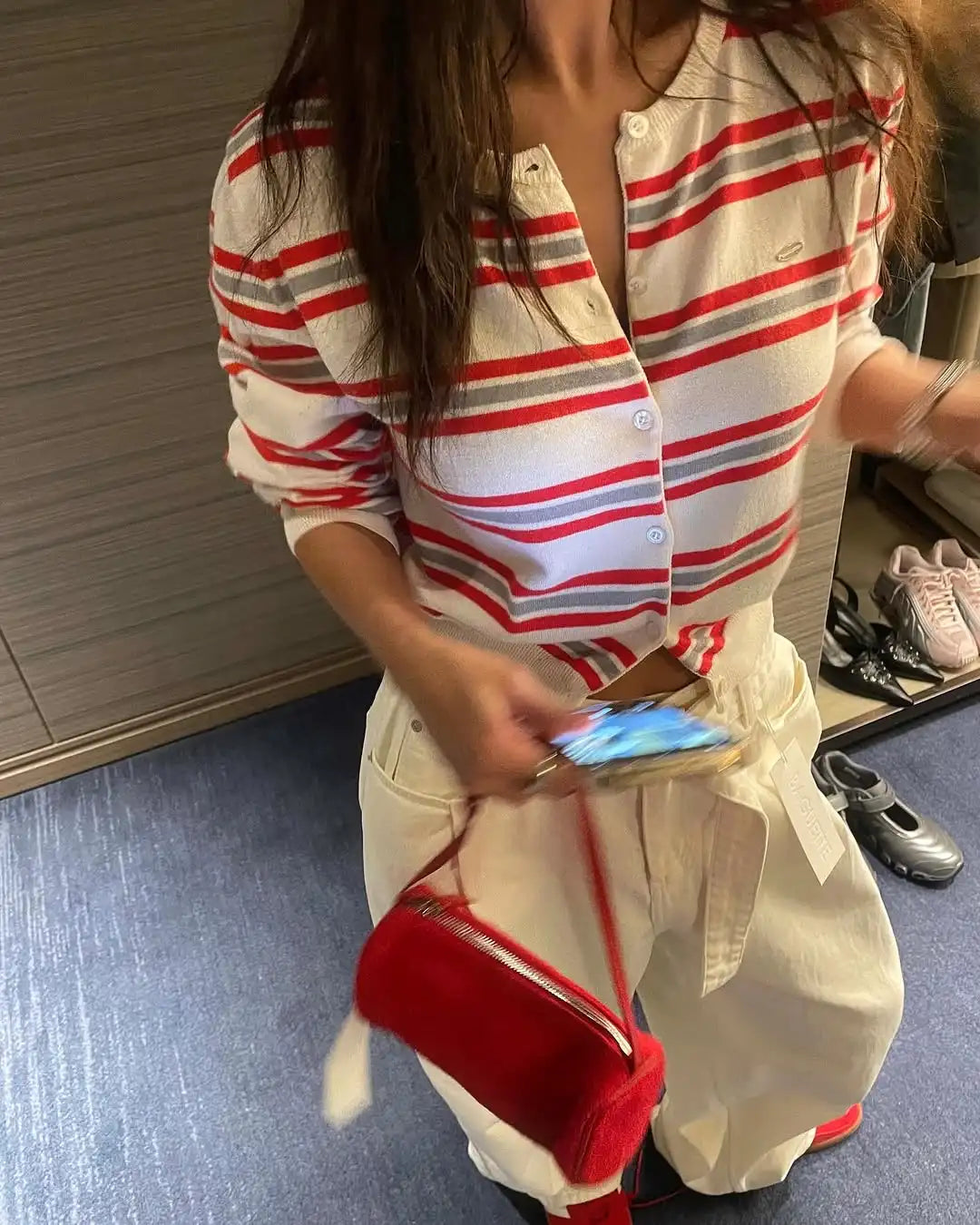 Chic Spring Classic Striped Round Neck Button-Up Knitted Open Cardigan