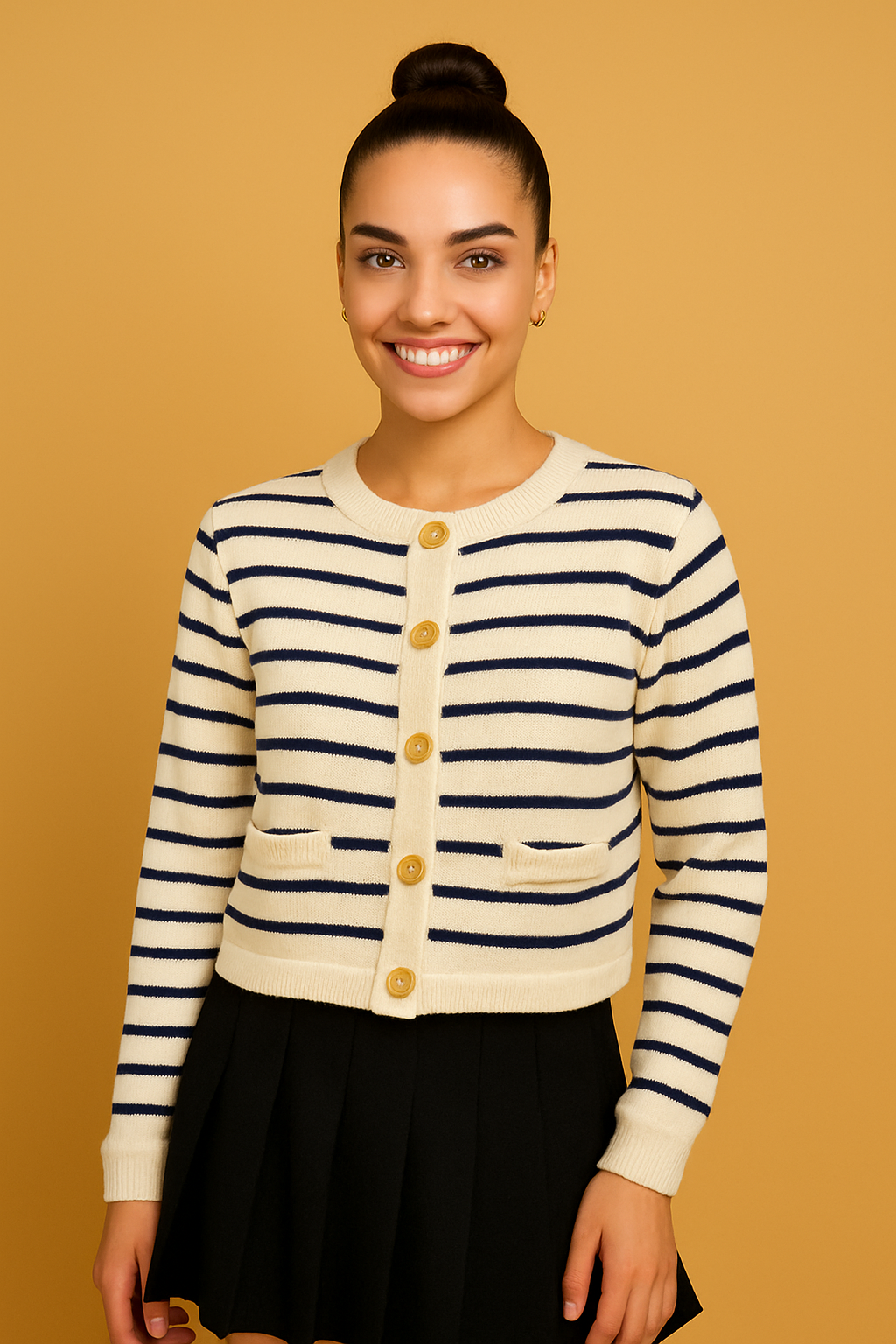 Women’s Striped Knit Cardigan – Spring Autumn Cropped Sweater, O-Neck, Single-Breasted Long Sleeve Top, Casual Chic Style