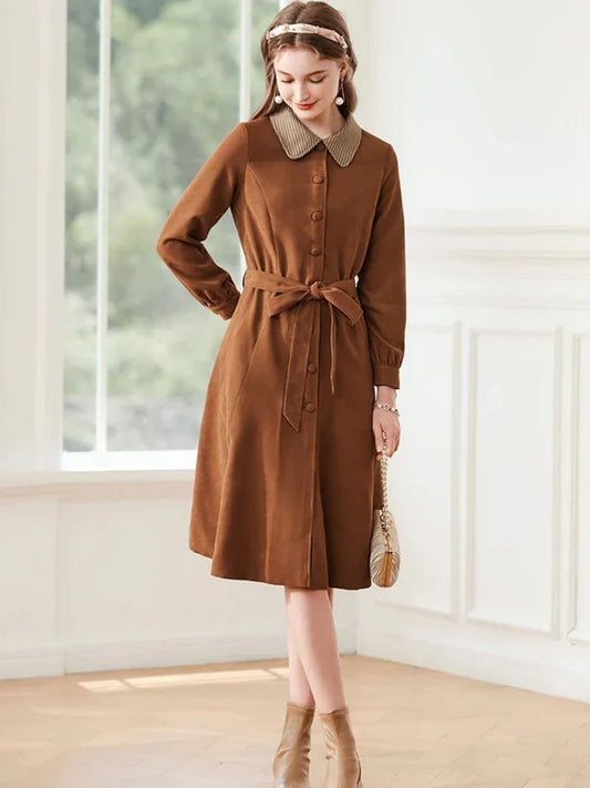 French Contrast Stitching Lapel Dress
