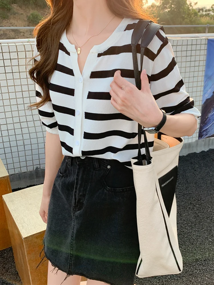 Striped Cotton V-Neck Cardigan