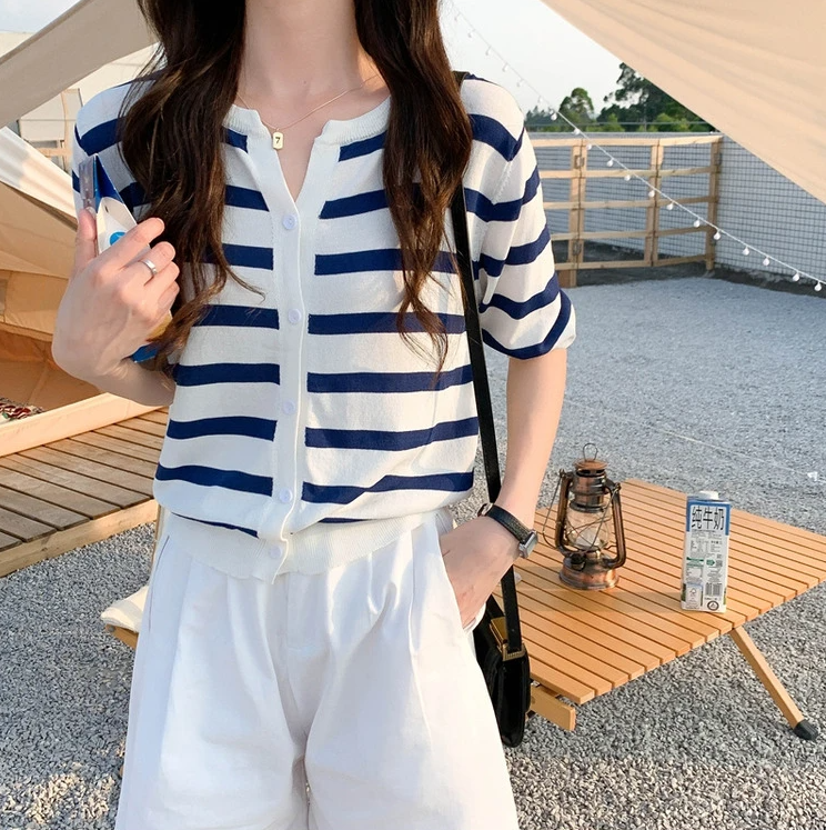 Striped Cotton V-Neck Cardigan