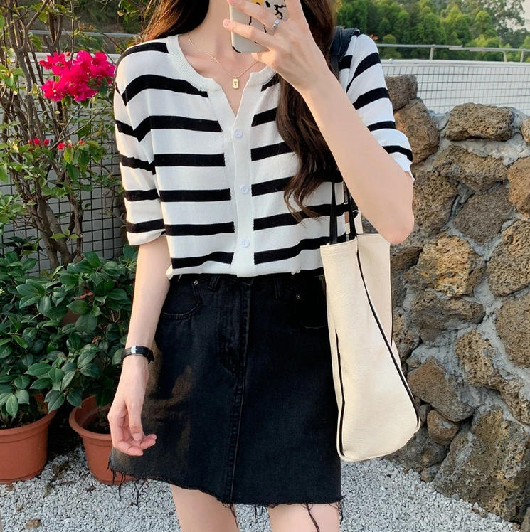 Striped Cotton V-Neck Cardigan