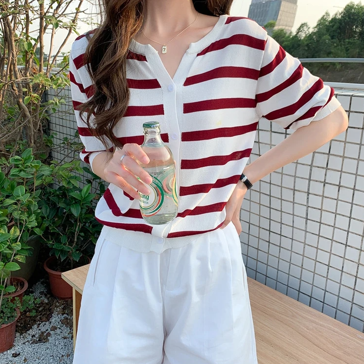 Striped Cotton V-Neck Cardigan