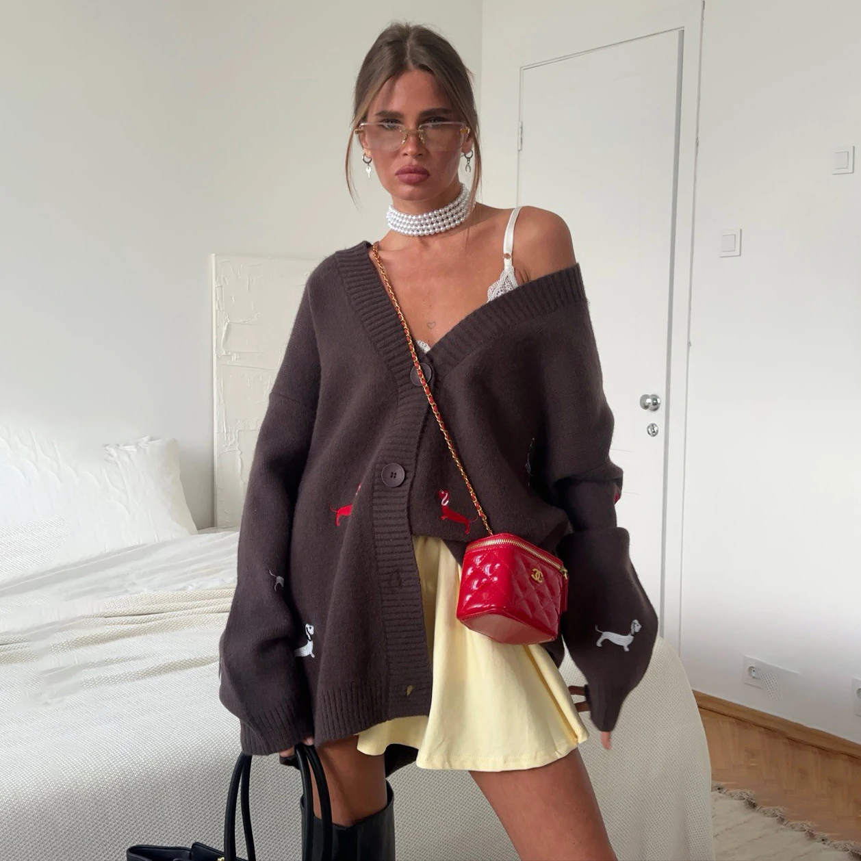 Embroidered Sausage Puppy Knit Cardigan